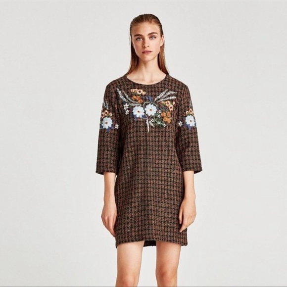 Zara Dresses & Skirts - Zara Boho Embroidered Tweed Shift Dress